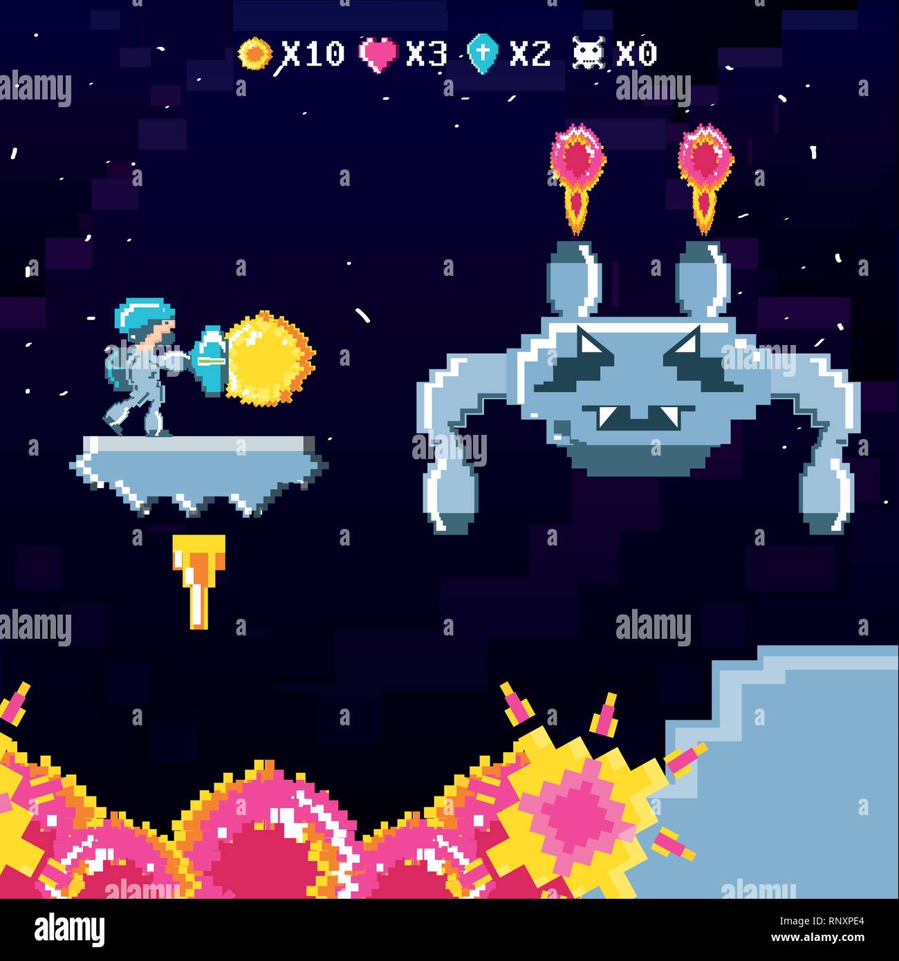 classic video game scene with warrior and flame vector illustration ...