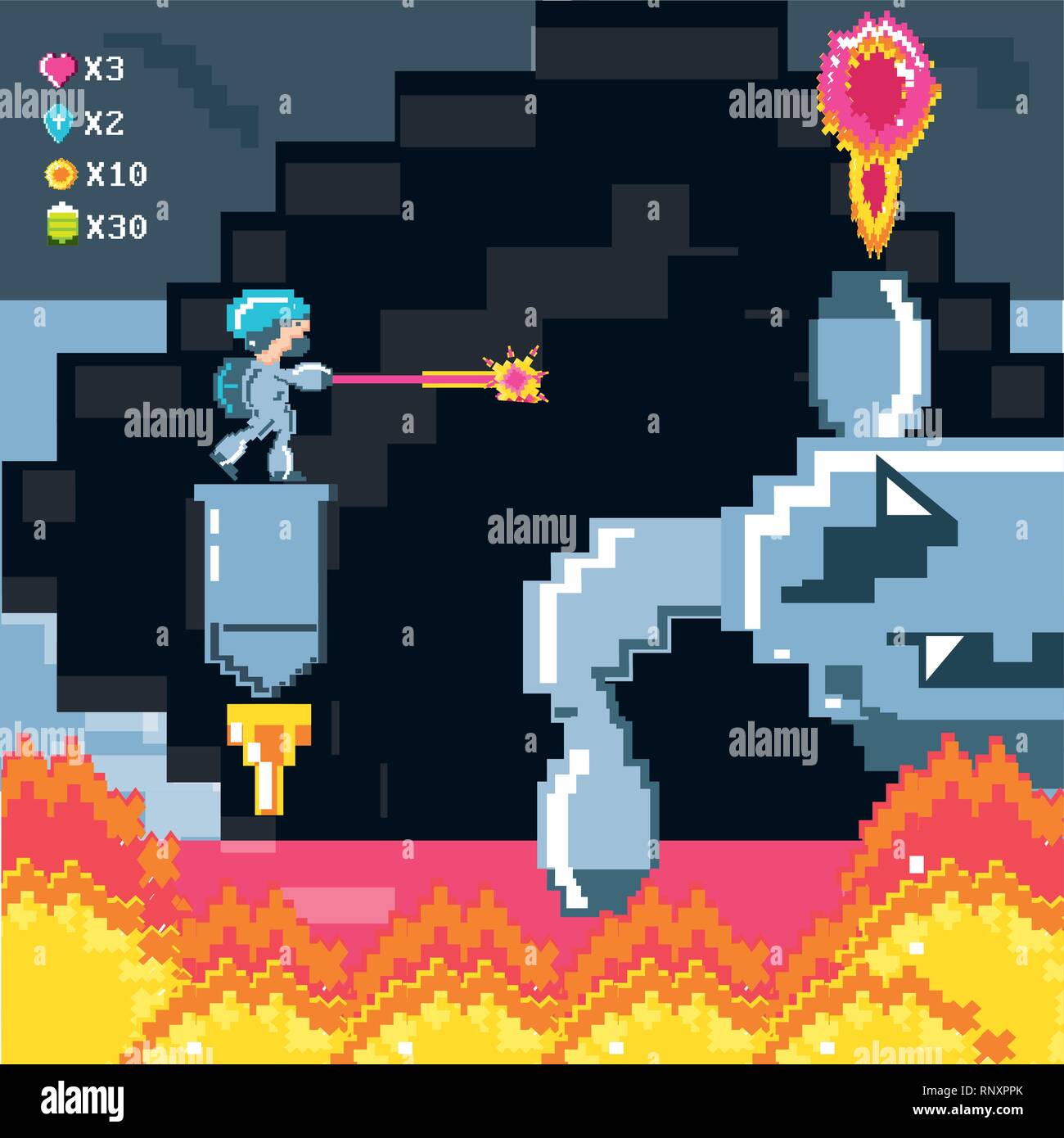 classic video game scene with warrior and flame vector illustration ...