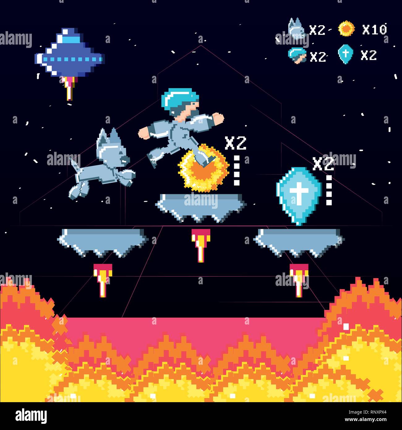 classic video game scene with warrior and flame vector illustration ...