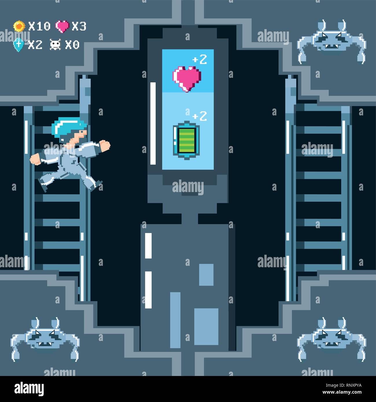 classic video game scene with warrior in stairs vector illustration ...
