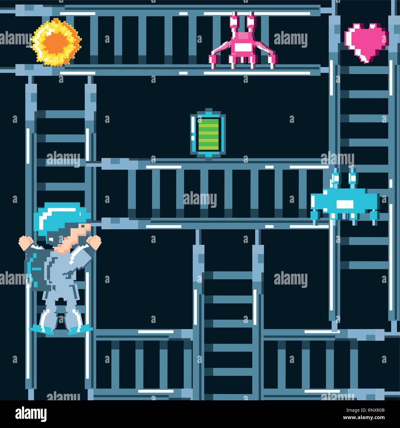 classic video game scene with warrior in stairs vector illustration ...