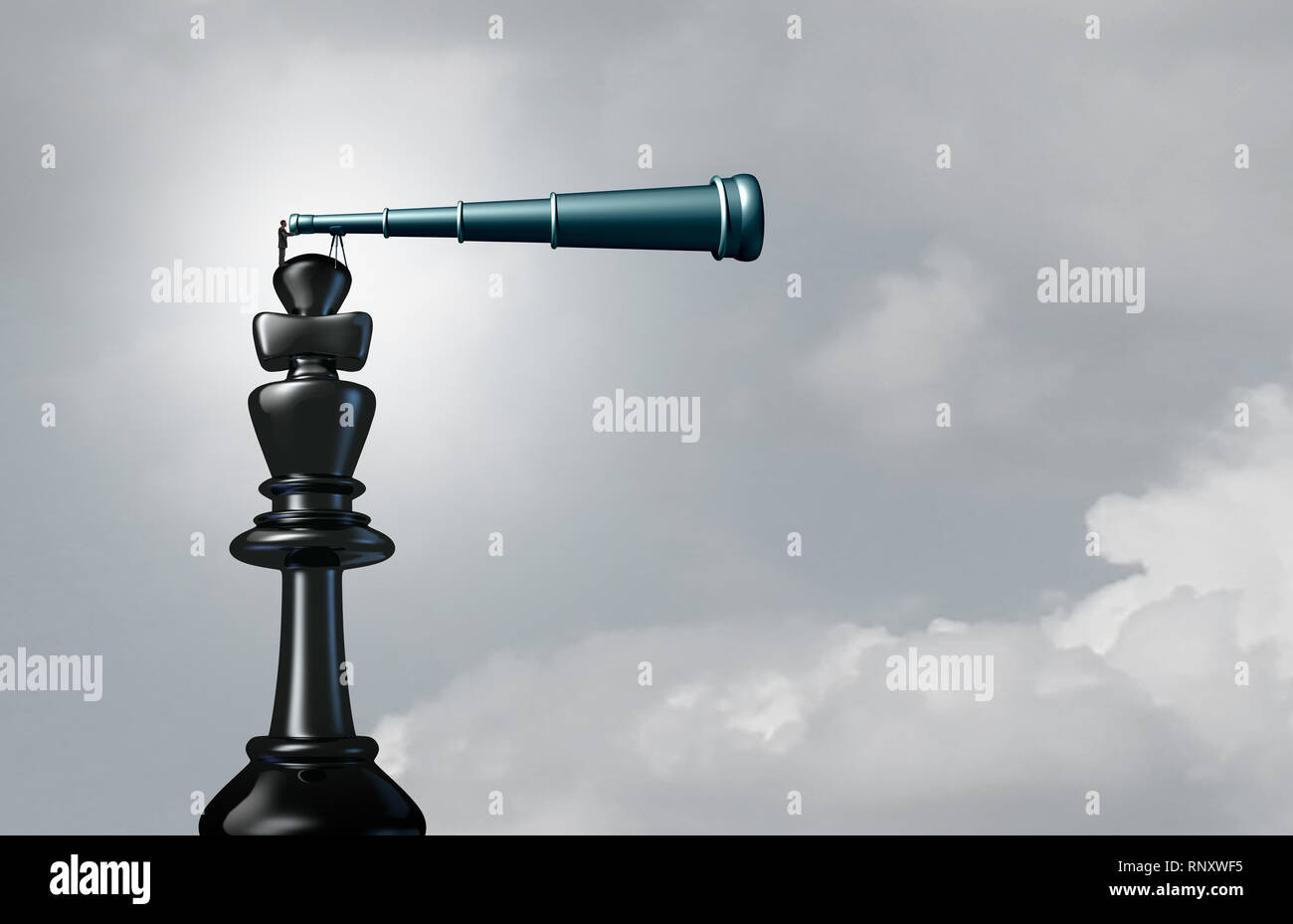 Leadership outlook as a businessman on a chess king piece using a telescope looking into the distance as a concept for vision and career. Stock Photo