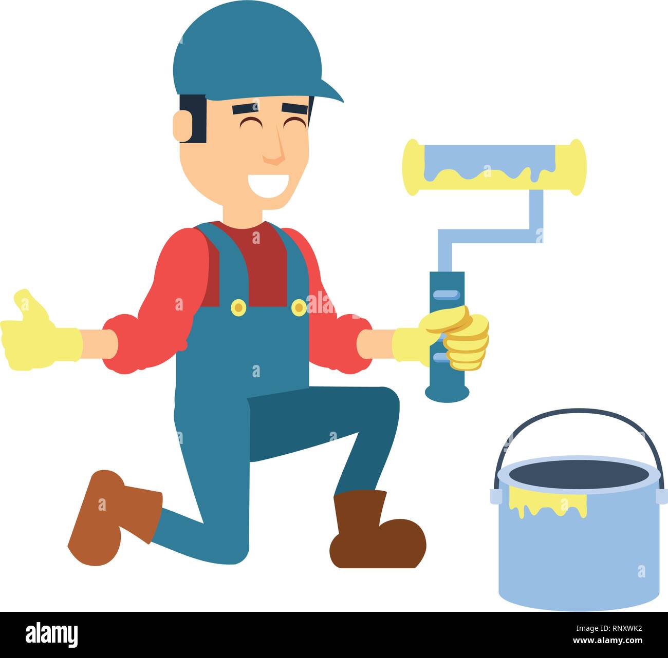 construction worker with roller and paint bucket vector illustration ...