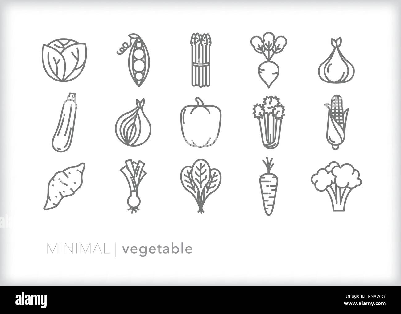 Set of 15 food vegetable line icons of fresh, healthy farm veggies Stock Vector