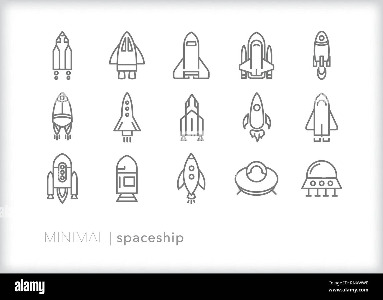 Set of 15 spaceship line icons of astronaut and alien rockets Stock Vector