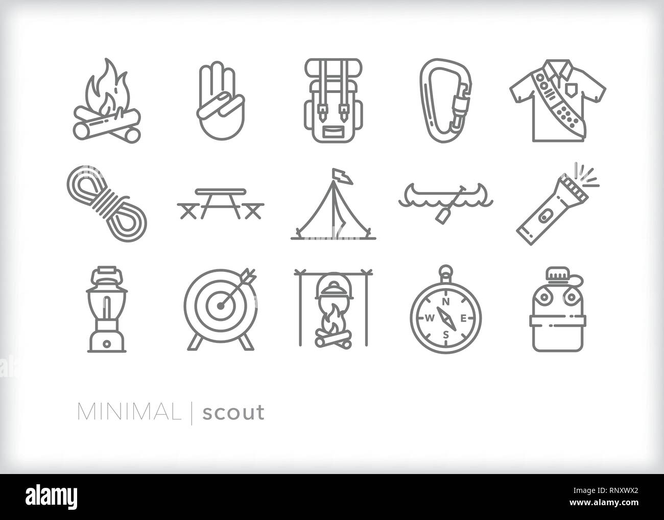 Set of 15 gray line icons of scouting, camping, hiking and exploring outdoors Stock Vector
