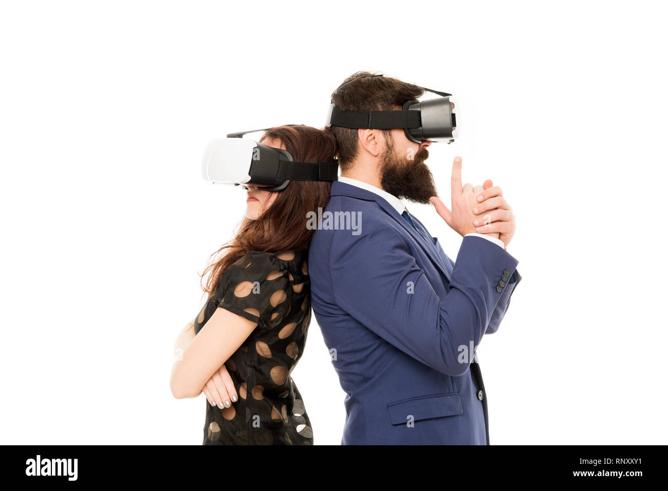 Business implement modern technology. Couple colleagues wear hmd