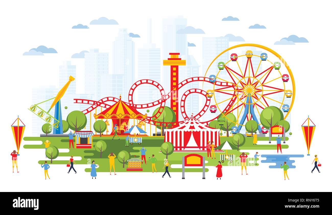 Amusement Park with Carousels in Cartoon Style. Urban Cityscape. Vector  Illustration. Circus Stock Vector Image & Art - Alamy