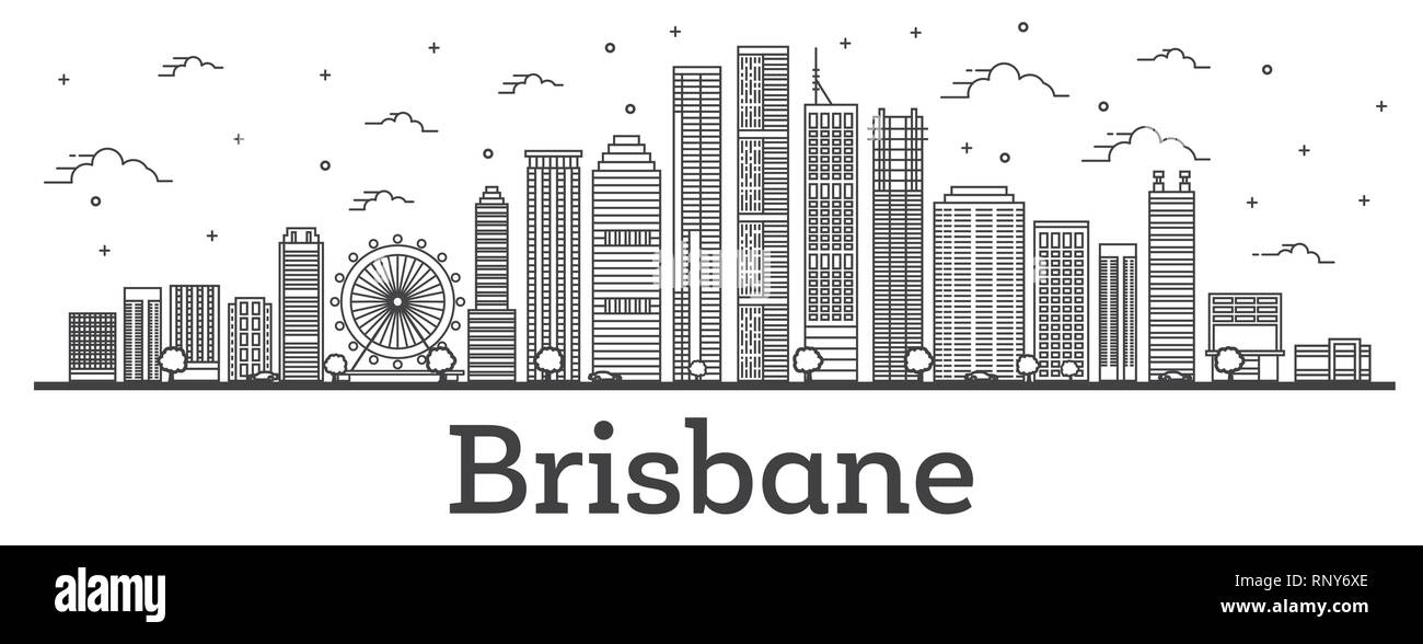 Outline Brisbane Australia City Skyline with Modern Buildings Isolated on White. Vector Illustration. Brisbane Cityscape with Landmarks. Stock Vector