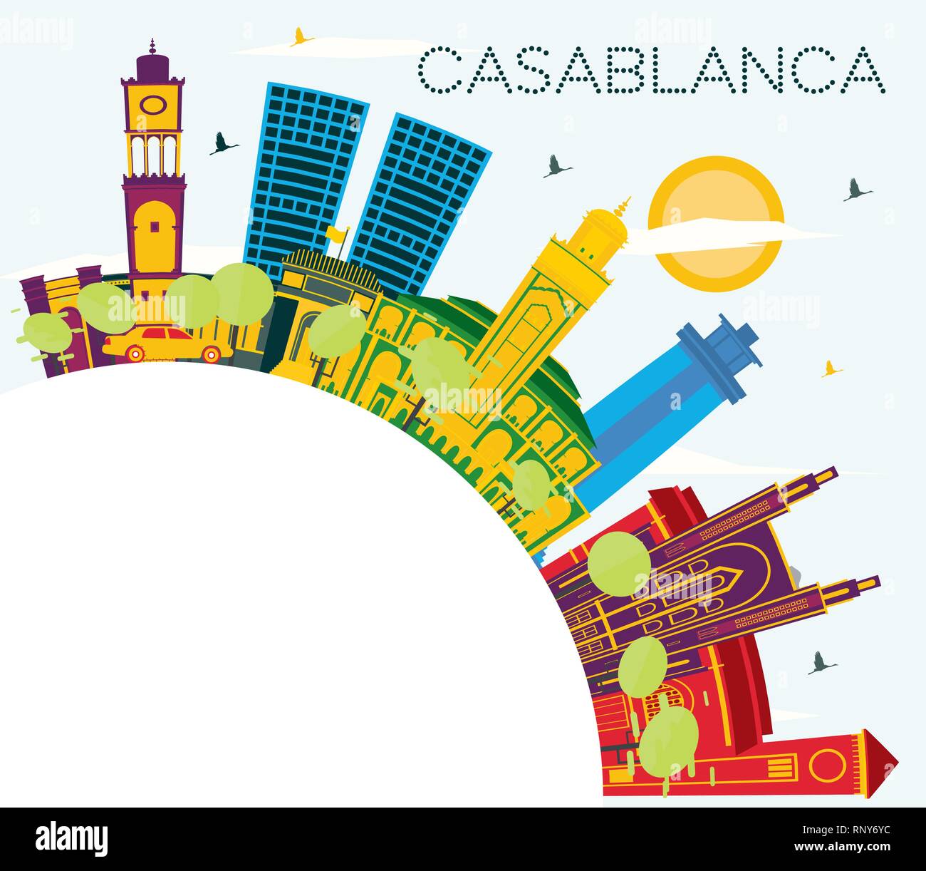 Casablanca Morocco City Skyline with Color Buildings, Blue Sky and Copy Space. Vector Illustration. Tourism Concept with Historic Architecture. Stock Vector