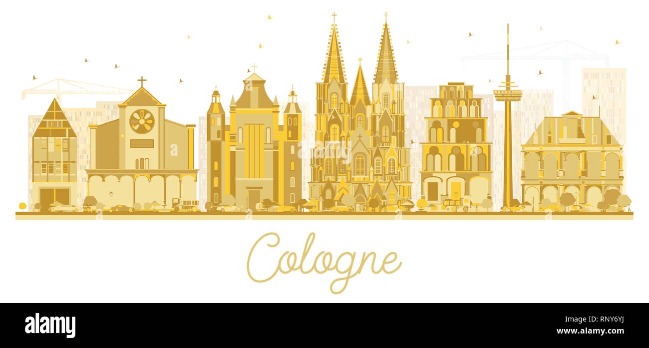 Cologne Germany City Skyline Silhouette with Golden Buildings Isolated on White. Vector Illustration. Tourism Concept with Historic Architecture. Stock Vector