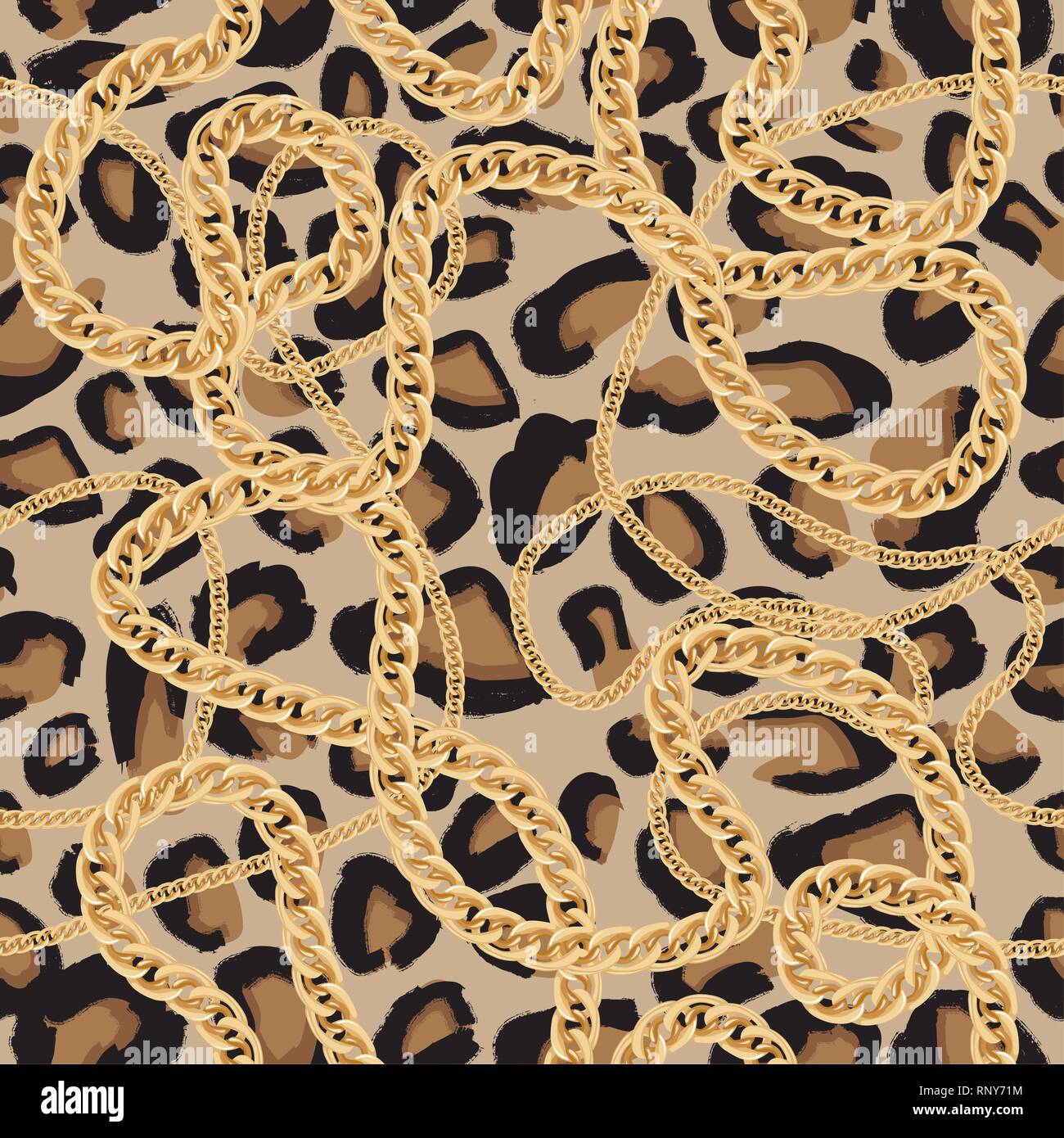 Leopard Seamless Pattern with Golden Chain. Vector Illustration. Animal Print. Stock Vector