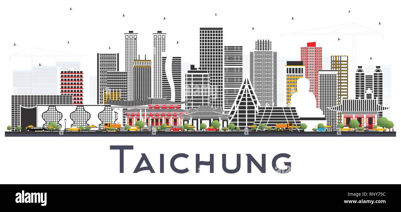 Taichung Taiwan City Skyline with Gray Buildings Isolated on White. Vector Illustration. Travel and Tourism Concept with Historic Architecture. Stock Vector