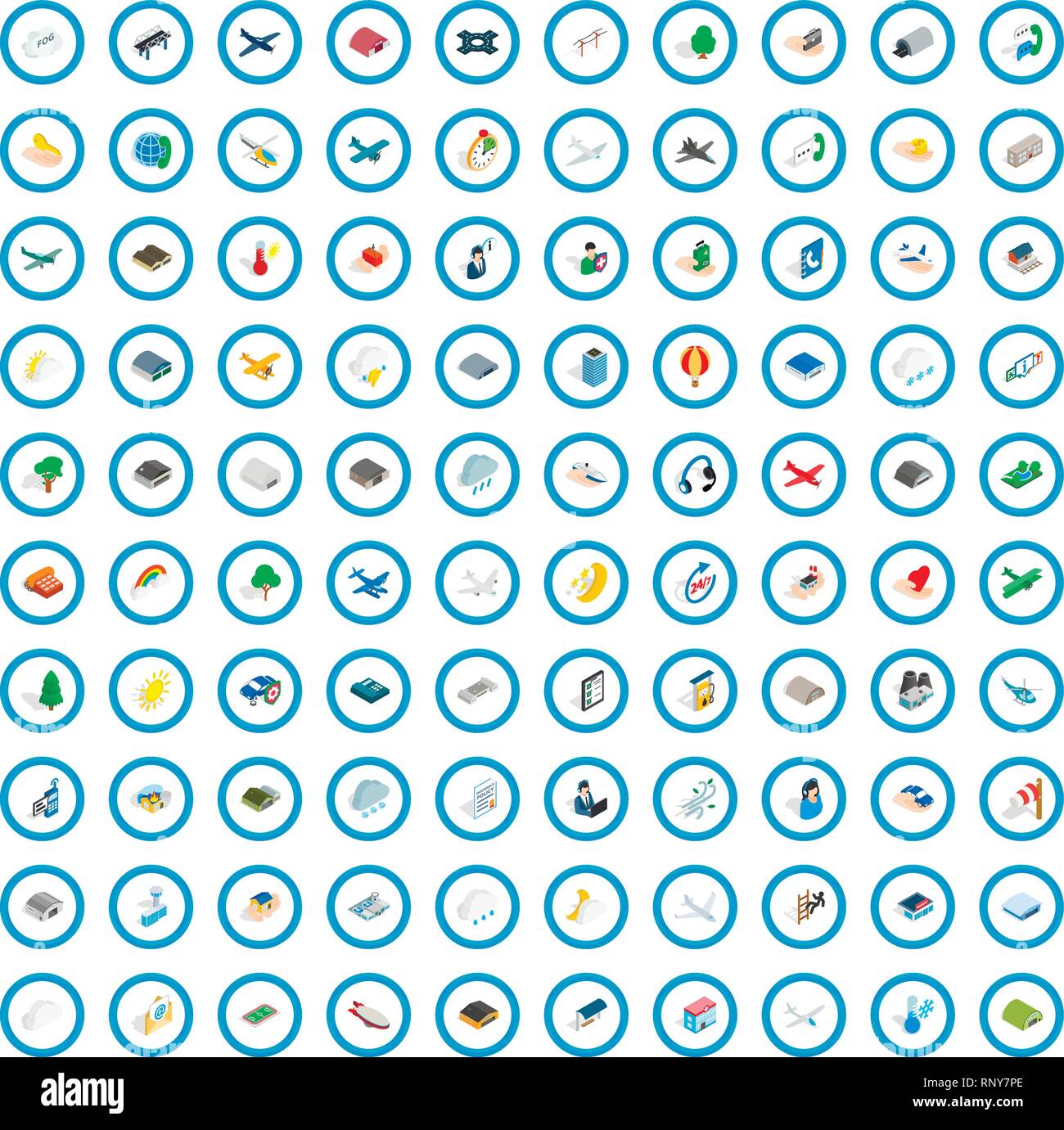 100 aviation icons set, isometric 3d style Stock Vector