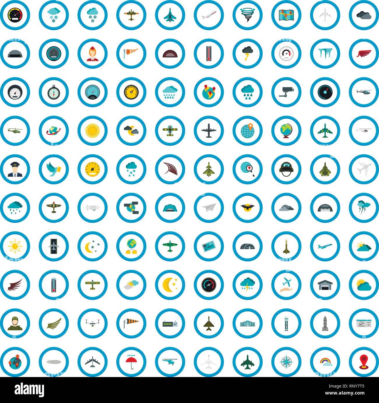 100 aviation icons set, flat style Stock Vector
