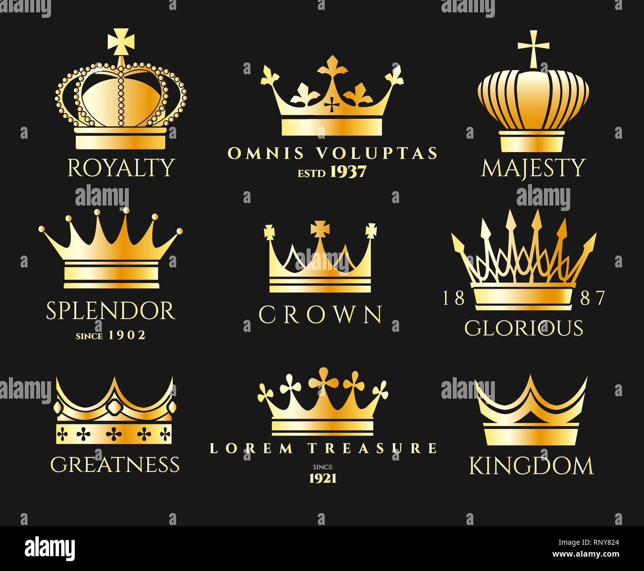 Crown logo set. Luxury crowns logos, queen and king heraldic imperial vector emblems Stock Vector
