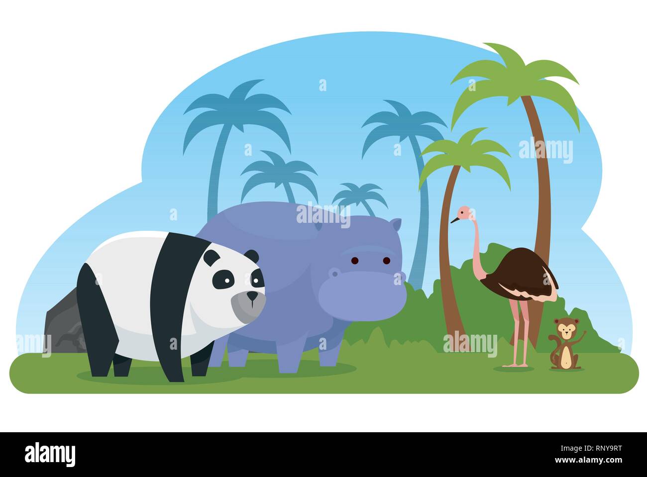 ostrich with panda and hippopotamus wild animals vector illustration ...