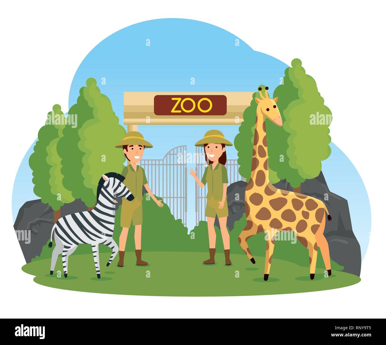 zebra and giraffe wild animals with safari people vector illustration ...