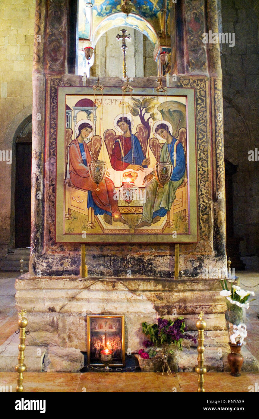 Inside Svetitskhoveli Cathedral in Mtskheta, a historical village outside of Tiblisi, Georgia. With christianity established in 327 AD, Georgia is one Stock Photo