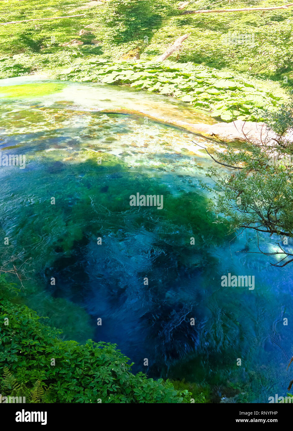 View to Blue Eye spring, initial water source of Bistrice river,near Muzine in Vlore County in southern Albania. Stock Photo