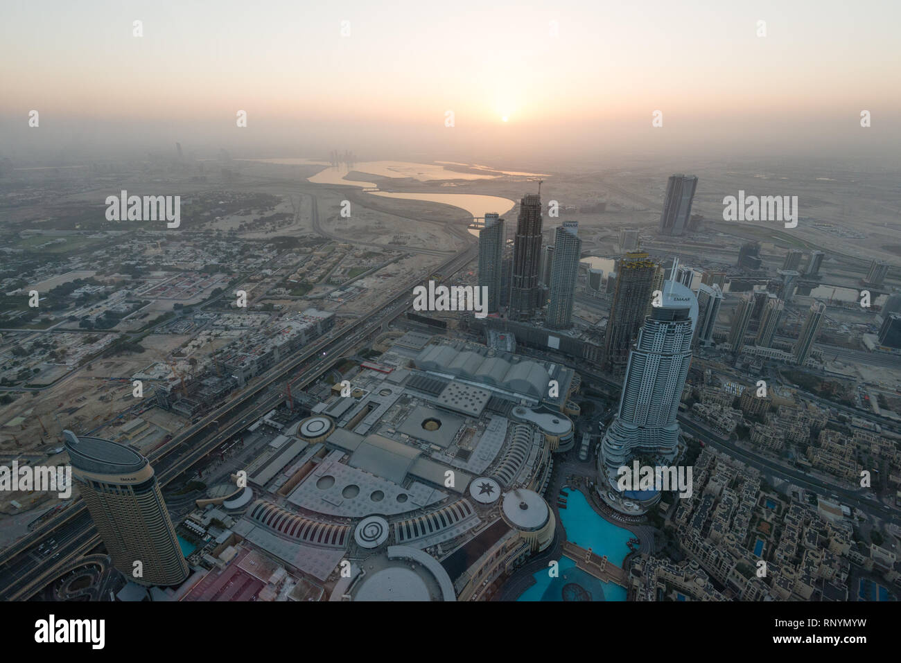 DUBAI, UAE - February 17, 2018: Sunrise view from the Burj Khalifa tower, Dubai, UAE Stock Photo
