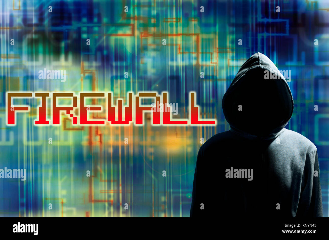 concept for a hacker or criminal trying to break a software firewall Stock Photo