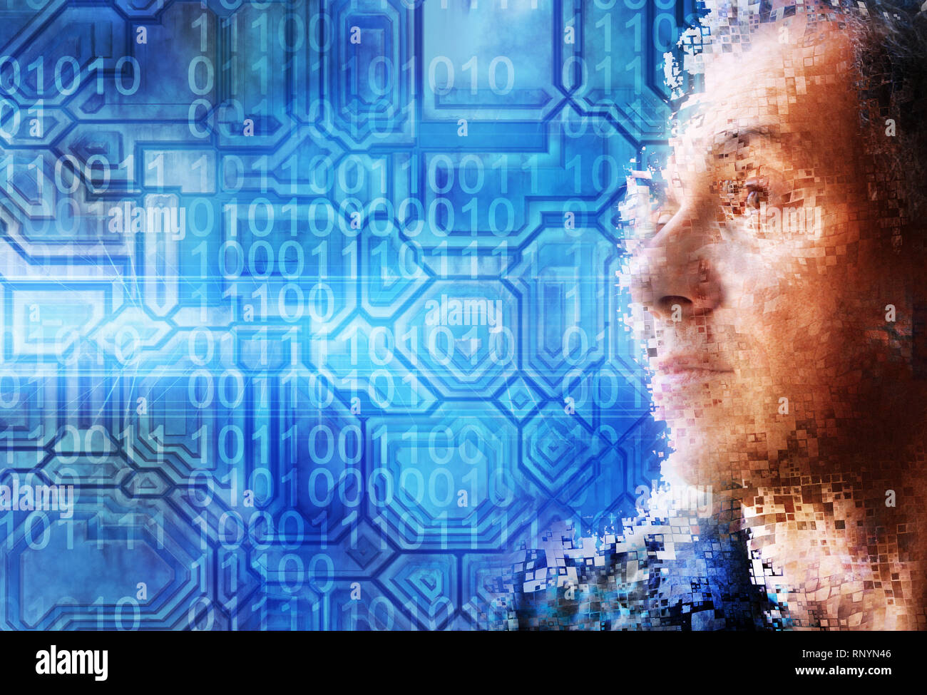 male face disintegrating and binary code background, concept for AI and code breaking Stock Photo