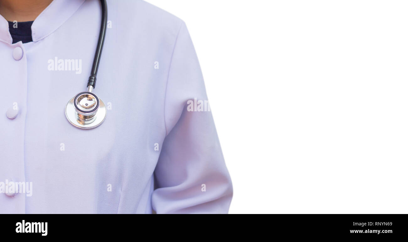 Medical doctor woman or physician in white gown uniform with