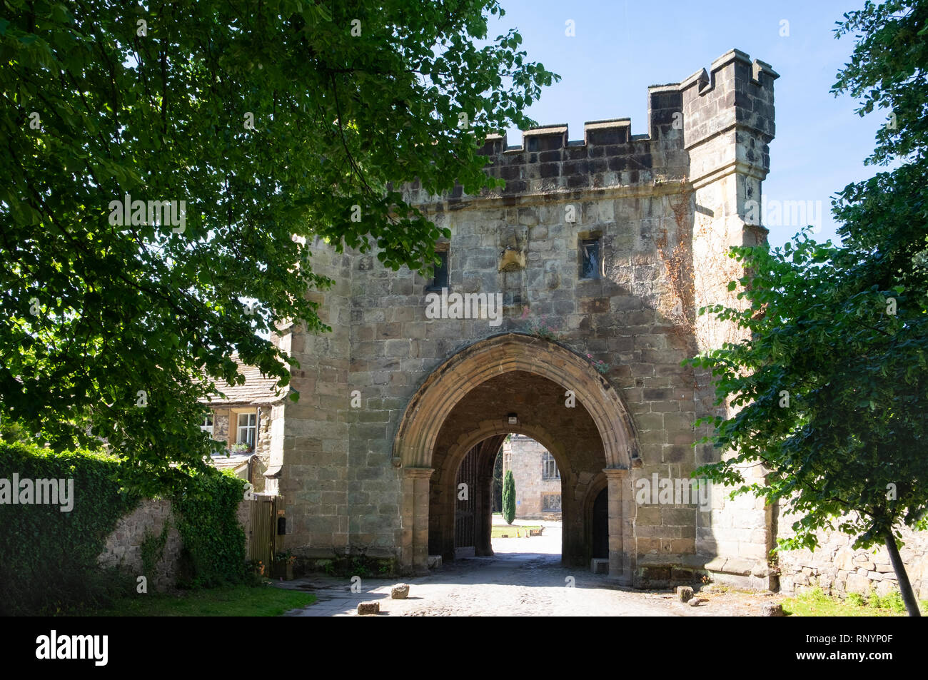 Whalley Abbey gatehouse, Ribble Valley, Lancashire. Medieval gate house to ruins of a cistercian monastery, and Blackburn diocese conference centre Stock Photo