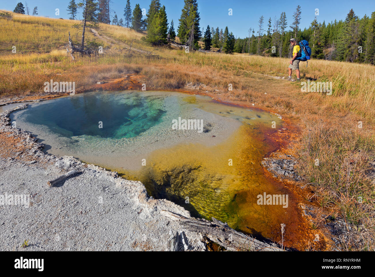 WY03821-00...WYOMING - Hiker passing a colorful hot spring, part of the Middle Group of the Heart Lake Geyser Basin in the backcountry of Yellowstone  Stock Photo
