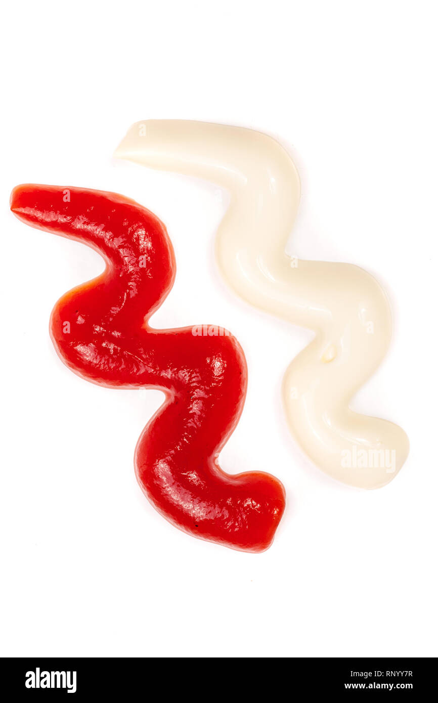 Tomato ketchup and mayonnaise isolated on white background. Top view