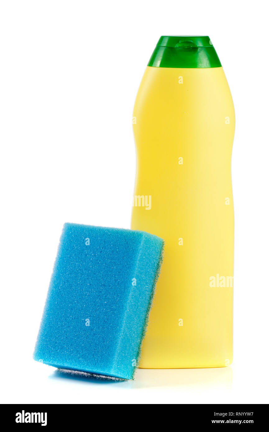 dishwashing detergent with sponge isolated on white background Stock