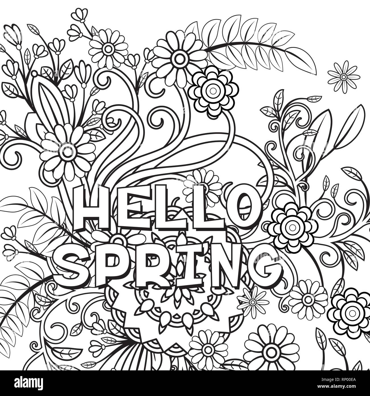 Hello spring coloring page with beautiful flowers. Black and white ...