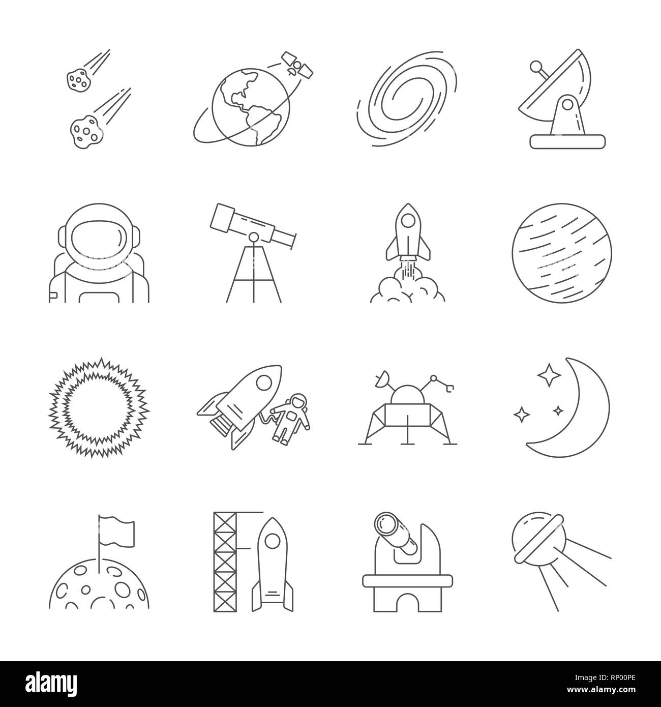 Space icons, astronomy theme, outline style. Contains moon, sun, earth, moon rover, satellite, asteroids, solar, telescope, galaxy, meteorites, observ Stock Vector