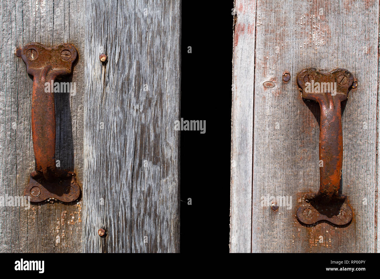 Rusted handles on old barn door. Stock Photo