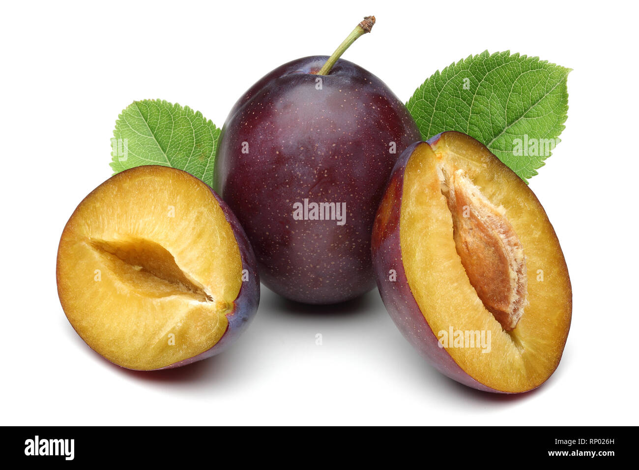 Damson plums with leaf isolated on white background Stock Photo Alamy