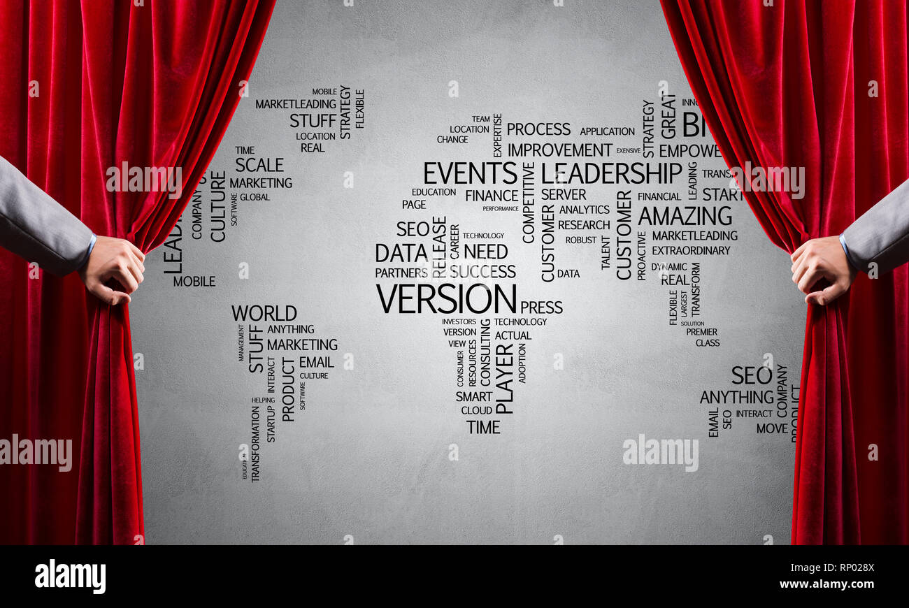 World Map Behind Drapery Curtain And Hand Opening It Stock Photo