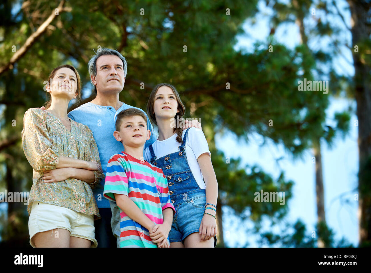 Family standing together in forest Stock Photo