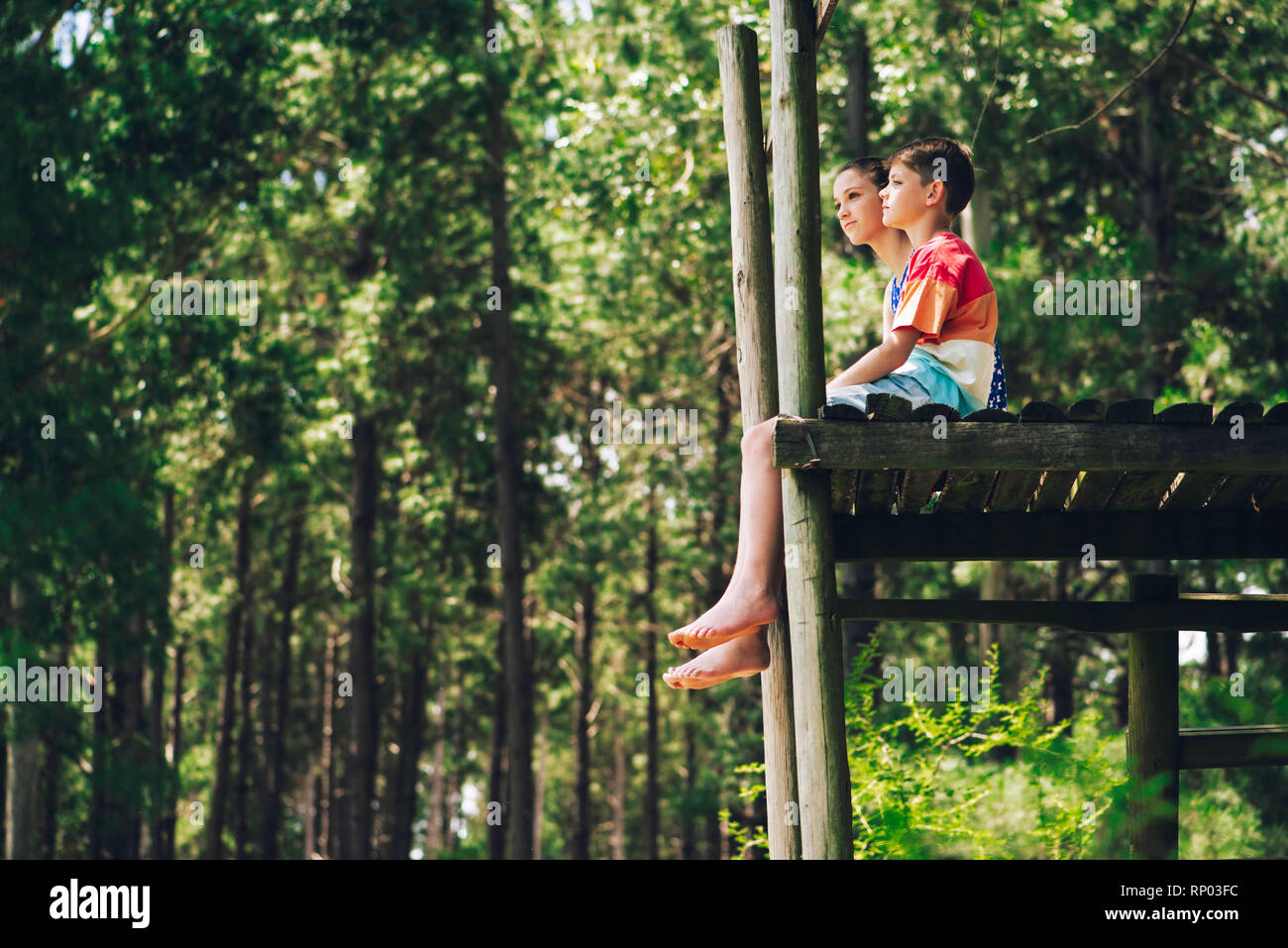Brother and sister relaxing in forest Stock Photo - Alamy
