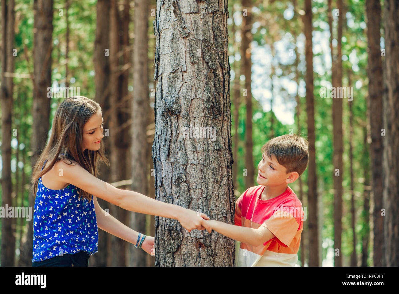 Brother and sister playing in forest Stock Photo - Alamy