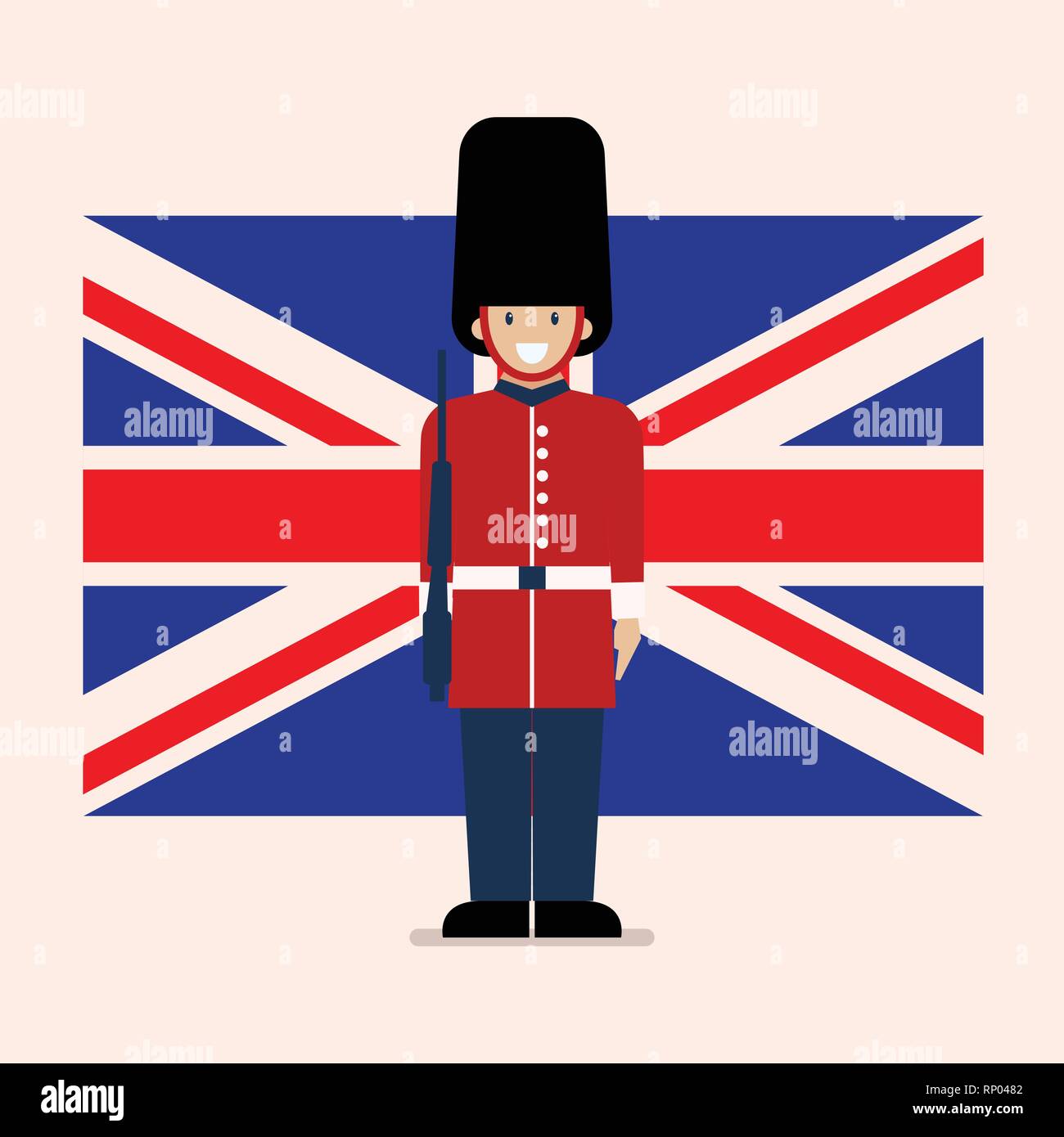 British Army soldier with United Kingdom flag background. Flat style vector illustration. Stock Vector