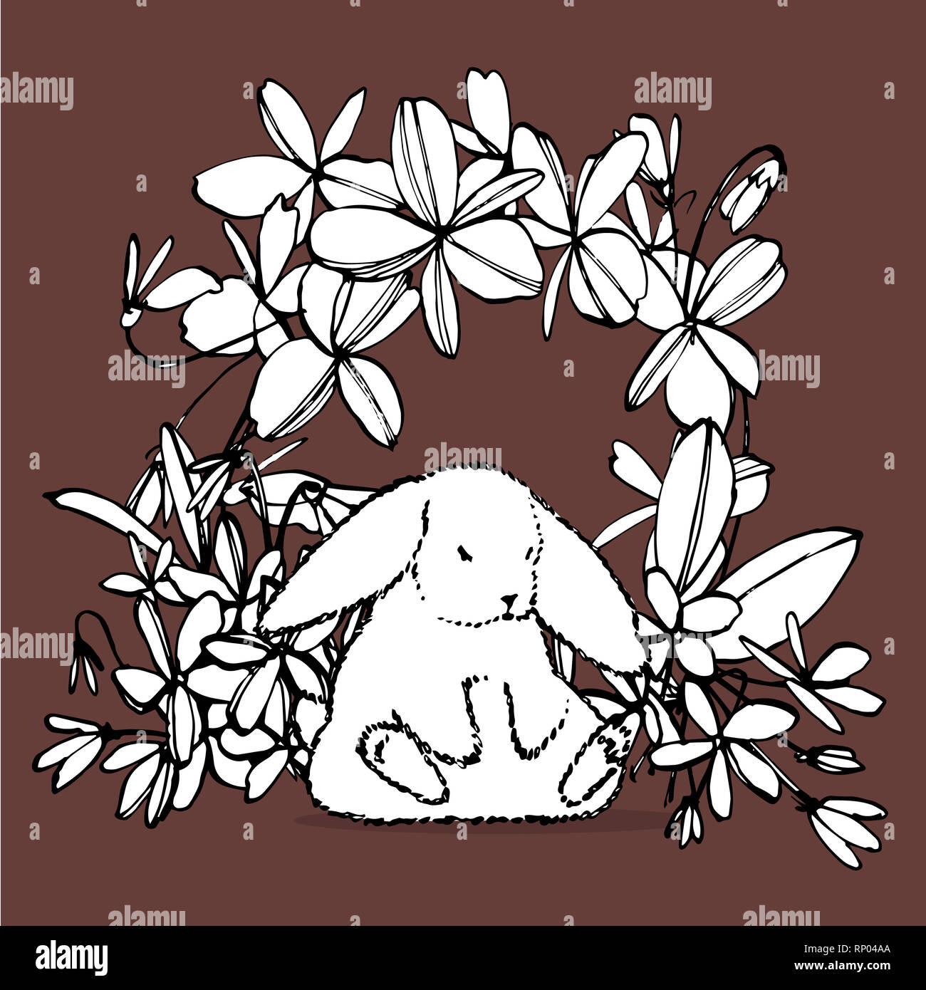 Easter greeting card. Cute rabbits with easter flowers hand draw ...