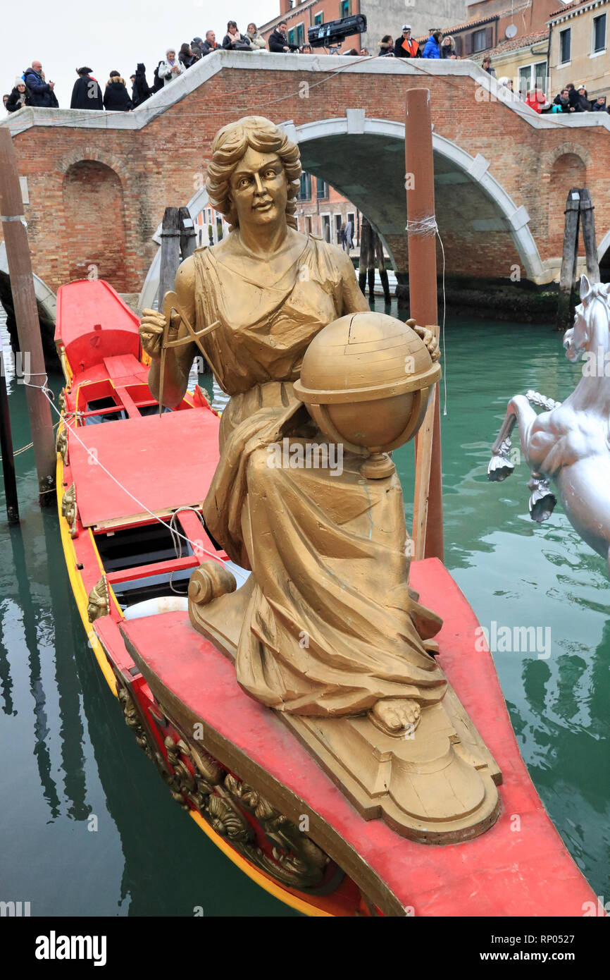 Figurehead on bissona rowing boat of the Regata Storica di Venezia at carnival water show 2018 Stock Photo