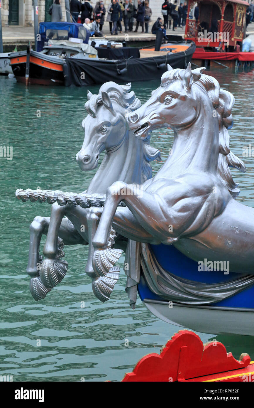Bissone Cavalli (horses) boat of the Regata Storica di Venezia at carnival water show 2018 Stock Photo