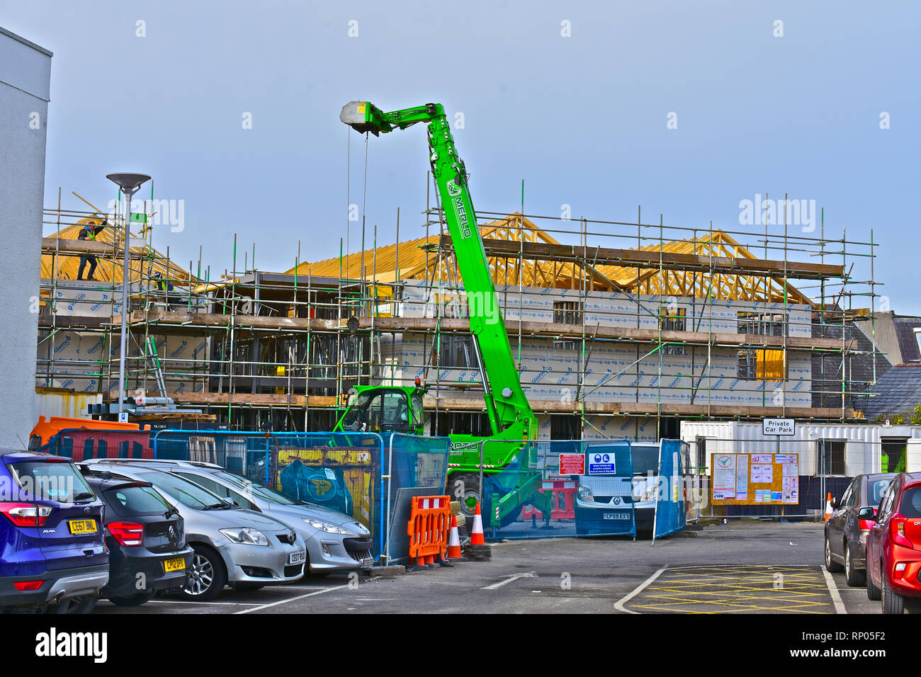 Rear view of building site in the centre of Bridgend. The new build