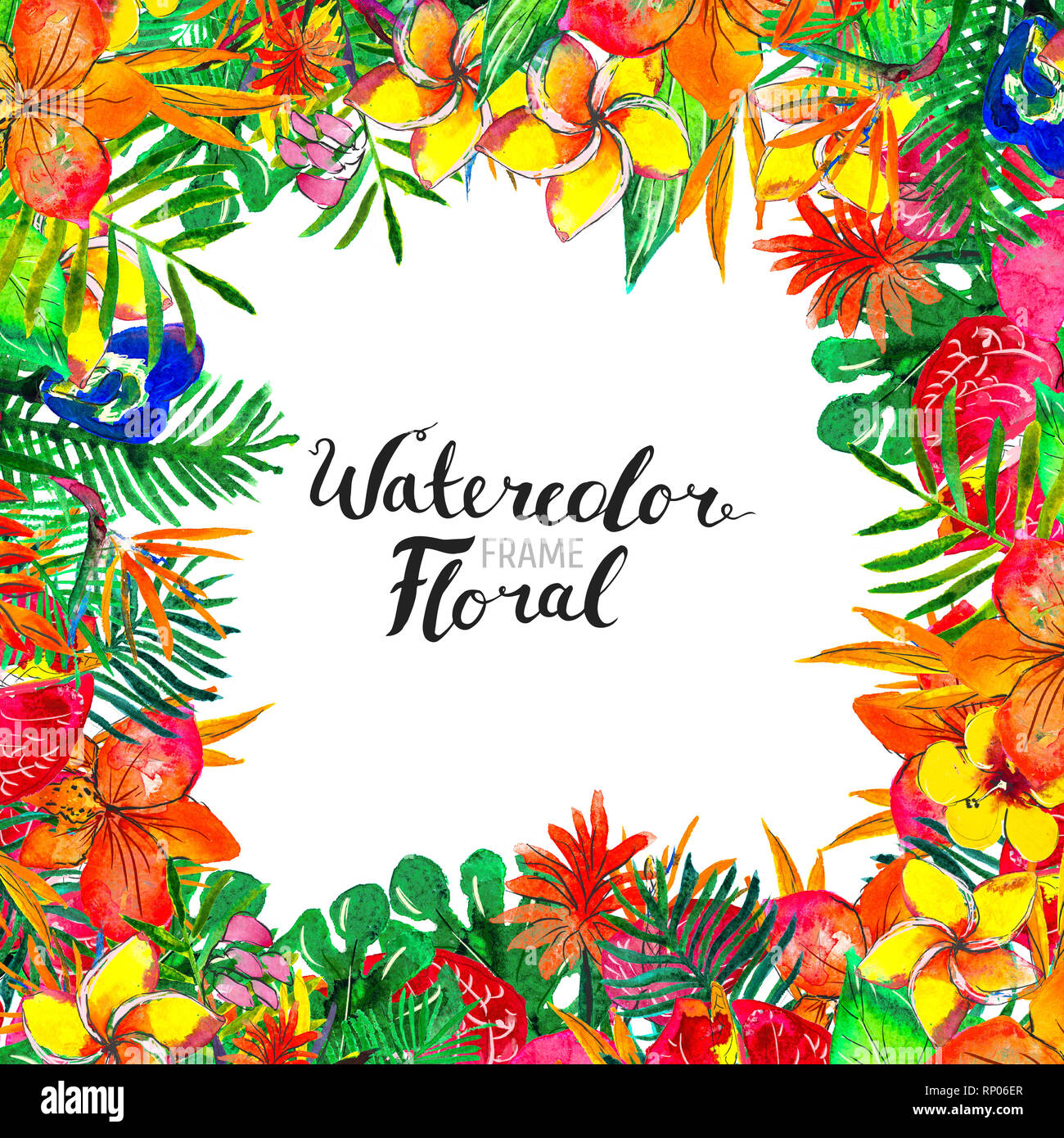 Watercolor Background with tropical plants and flowers Stock Photo - Alamy
