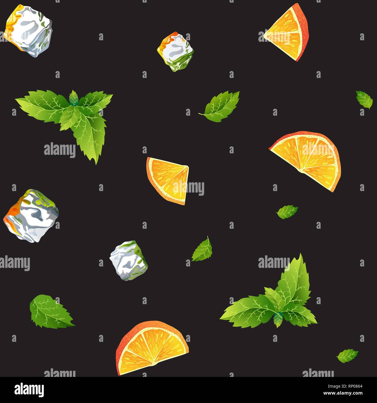 Seamless black pattern, orange, mint and Ice cubes Stock Vector