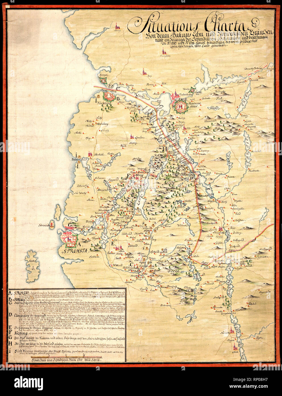 Hand-drawn map showing Swedish border posts in Båhus and Østfold during the Great Nordic War ca 1717-1718 Stock Photo