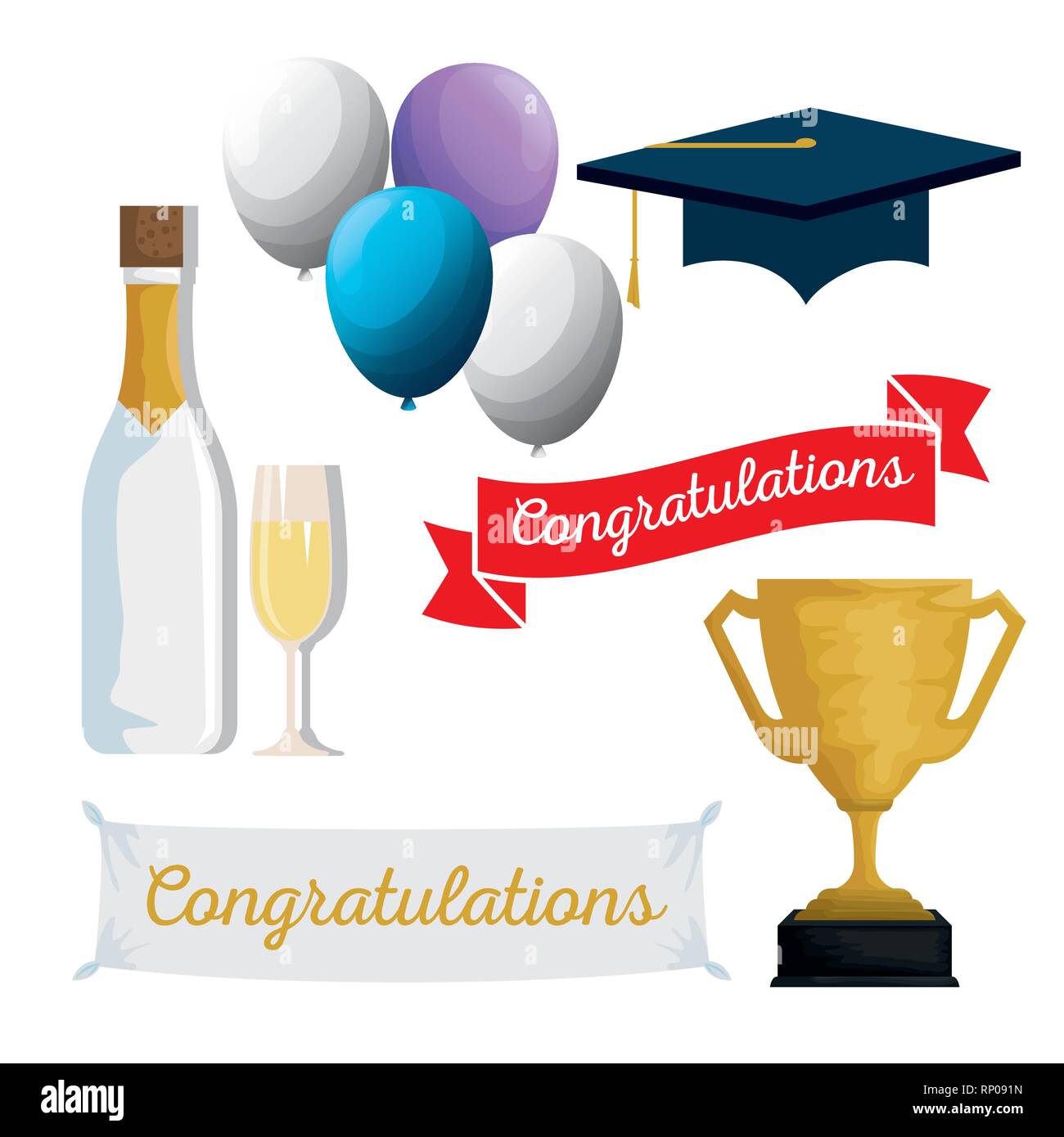 set graduation cap with balloons and champagne to event vector ...