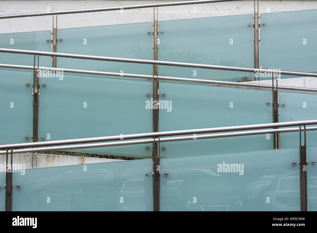 Metal railings and glass wall, Outdoor staircase Stock Photo